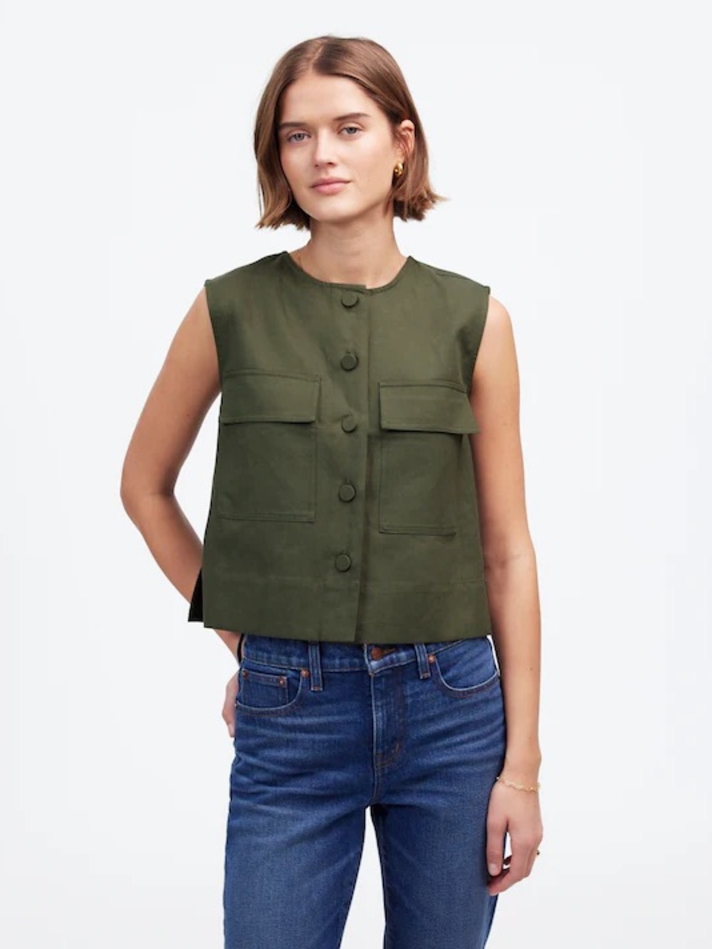 NWT Madewell Crop Cargo-Pocket Crewneck Top in Dark Loden
